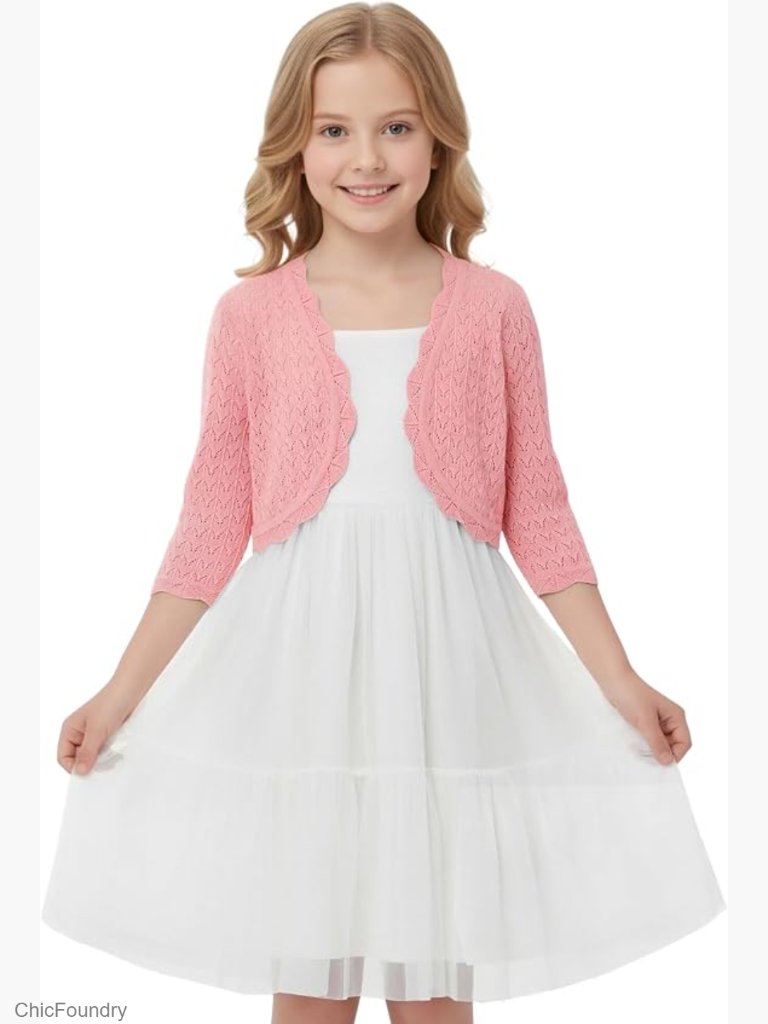 Girls Open Front Crochet Bolero Shrug Lightweight Long Sleeve Cardigan